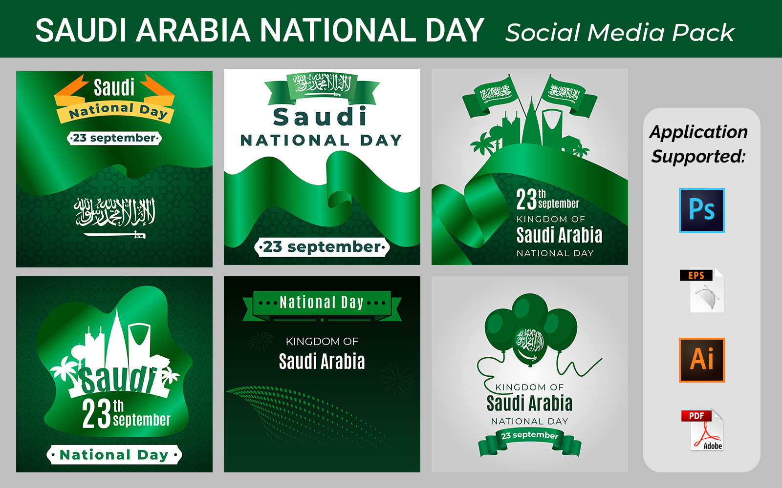 Saudi Arabia National Day Greeting Illustration Set. Arabic Our National Day Social Banner