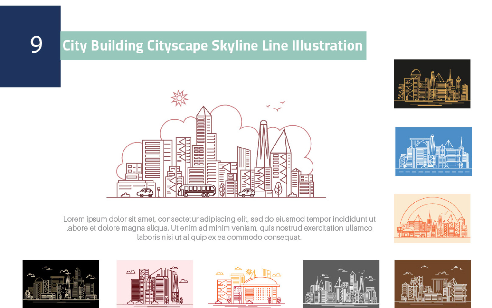 9 City Building Cityscape Skyline Line Illustration