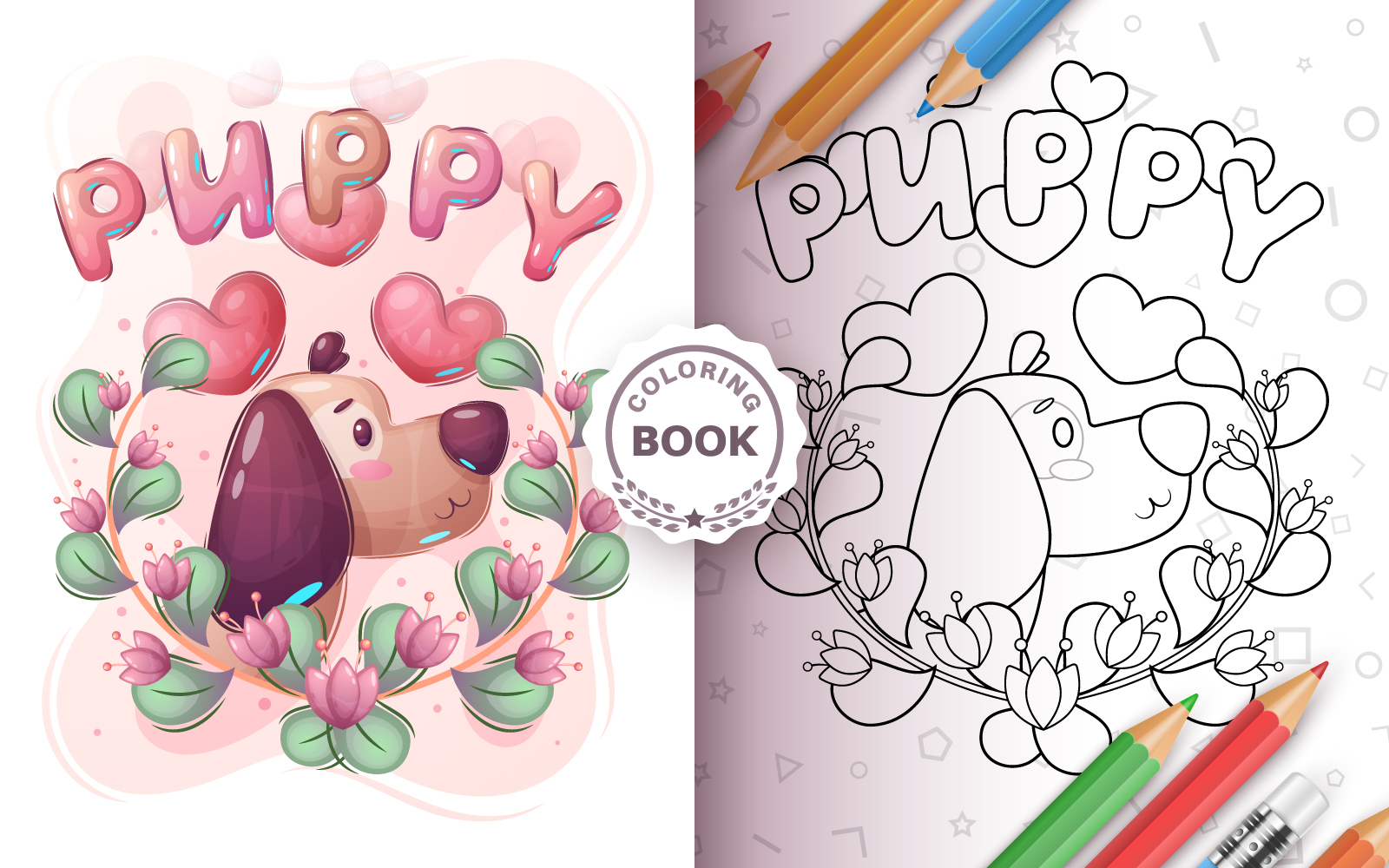 Dog in Flower - Game For Kids, Coloring Book, Graphics Illustration