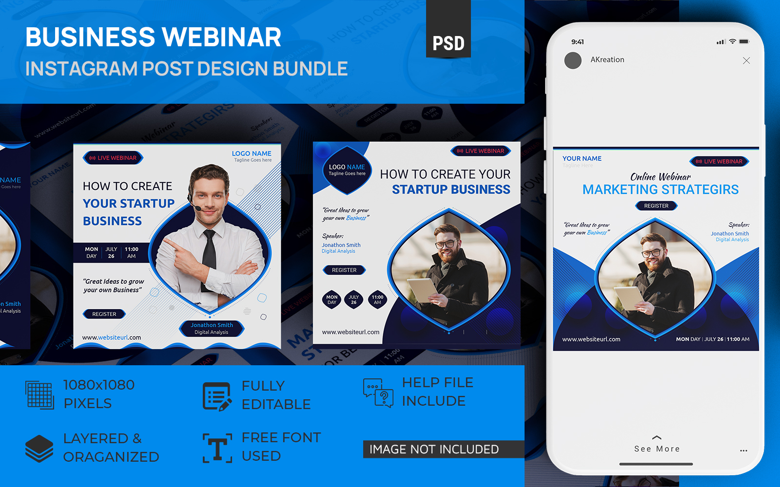 Marketing Agency Webinar Social Media Post Design PSD Template Bundle Pack