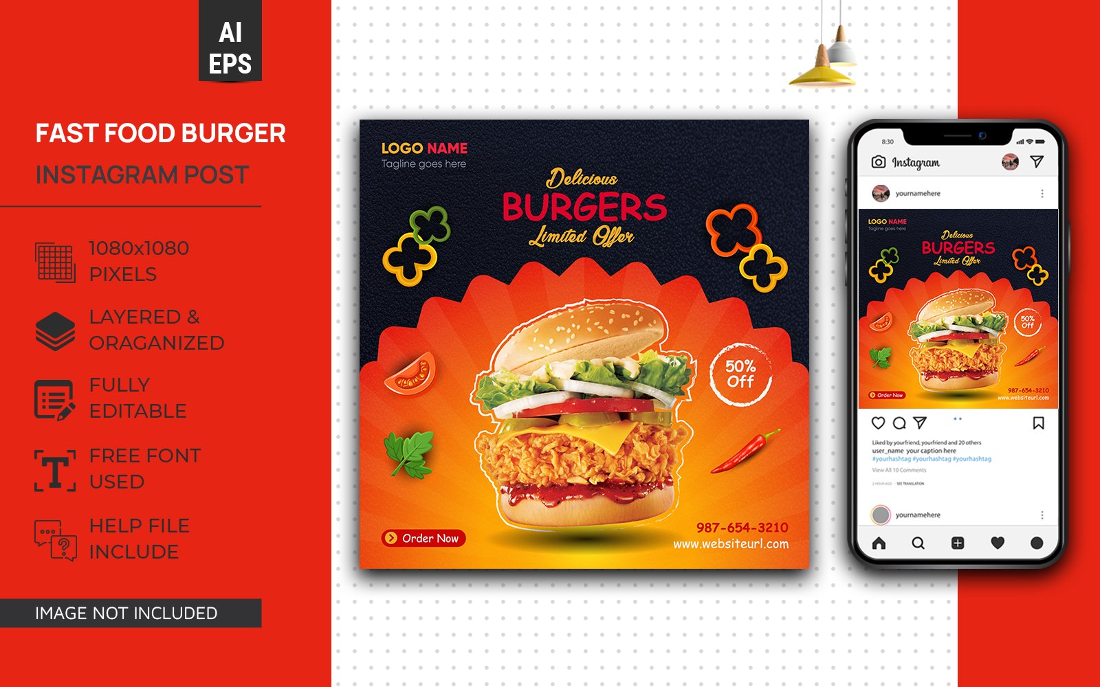 Fast Food Social Media Post Design Template for Burger Pizza