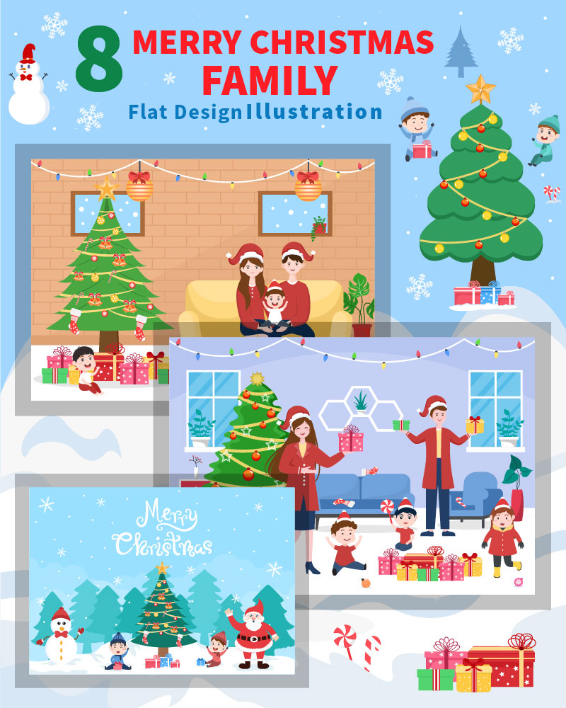 8 Merry Christmas With Family and Santa Background Vector