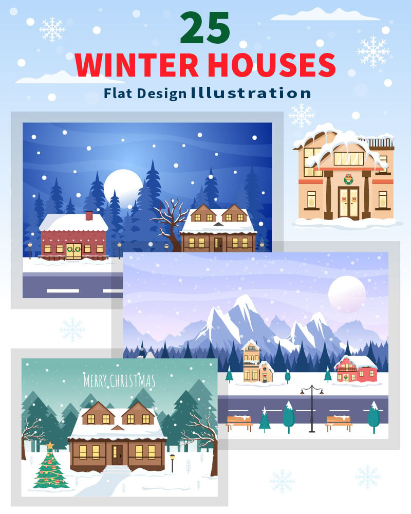 25 Christmas Winter Houses Background Vector