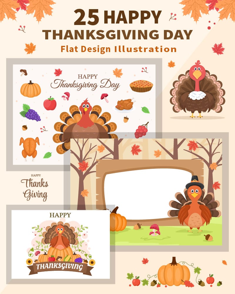 25 Happy Thanksgiving with Cartoon Turkey Vector Illustration