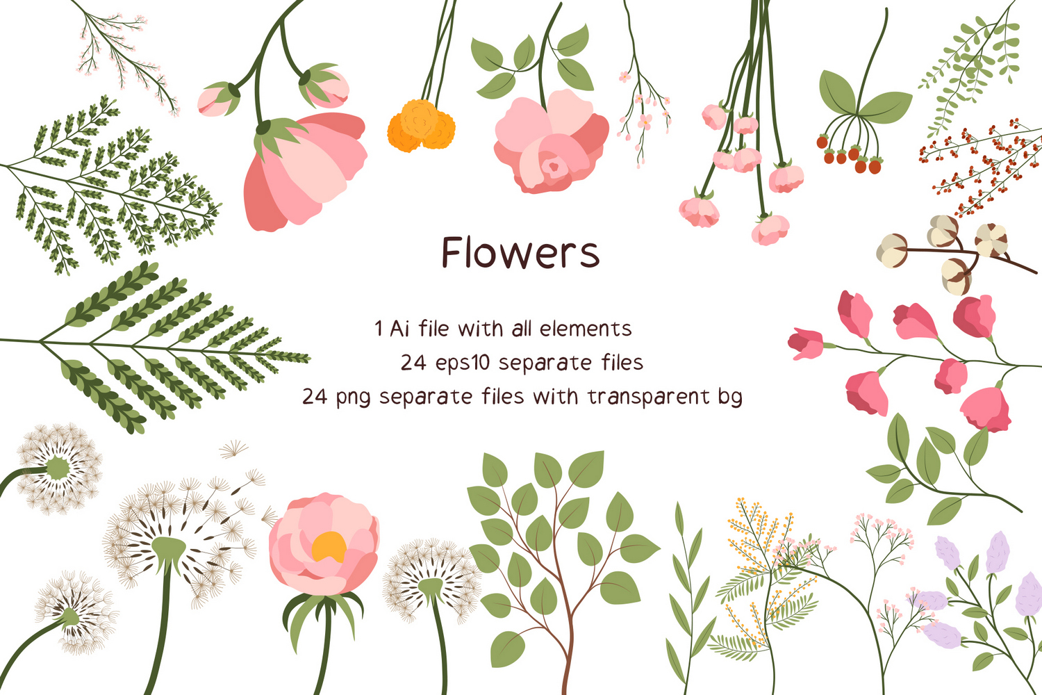 Flowers Collection Set Of 24 EPS PNG Vectors