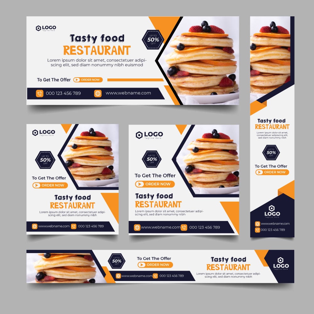 Fast Food Web Banner Design Set. Website Ads Design Template. Most Popular Five Web Banner.