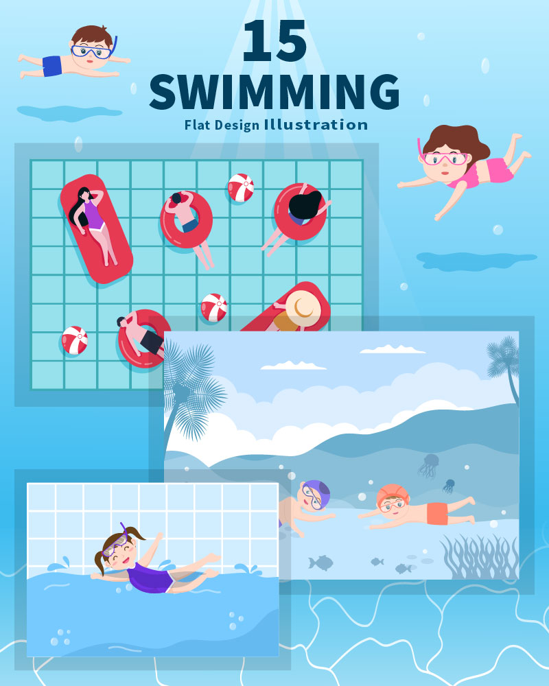 15 Cute Little Kids Swimming Vector Illustration