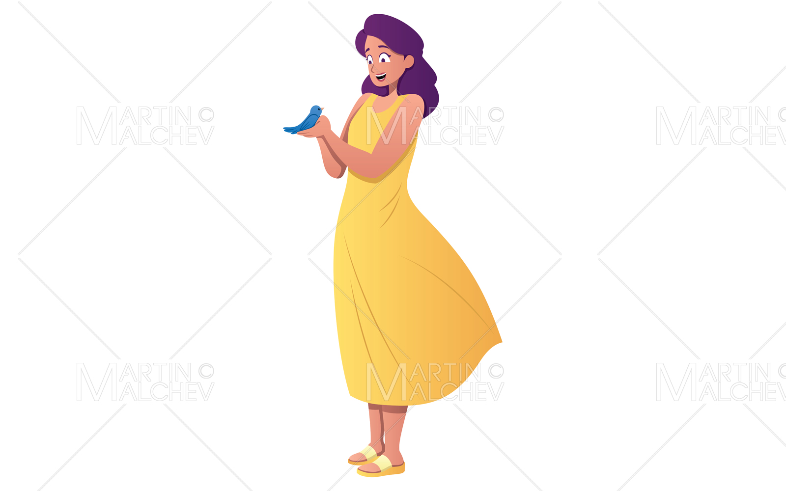 Girl and Bird on White Vector Illustration