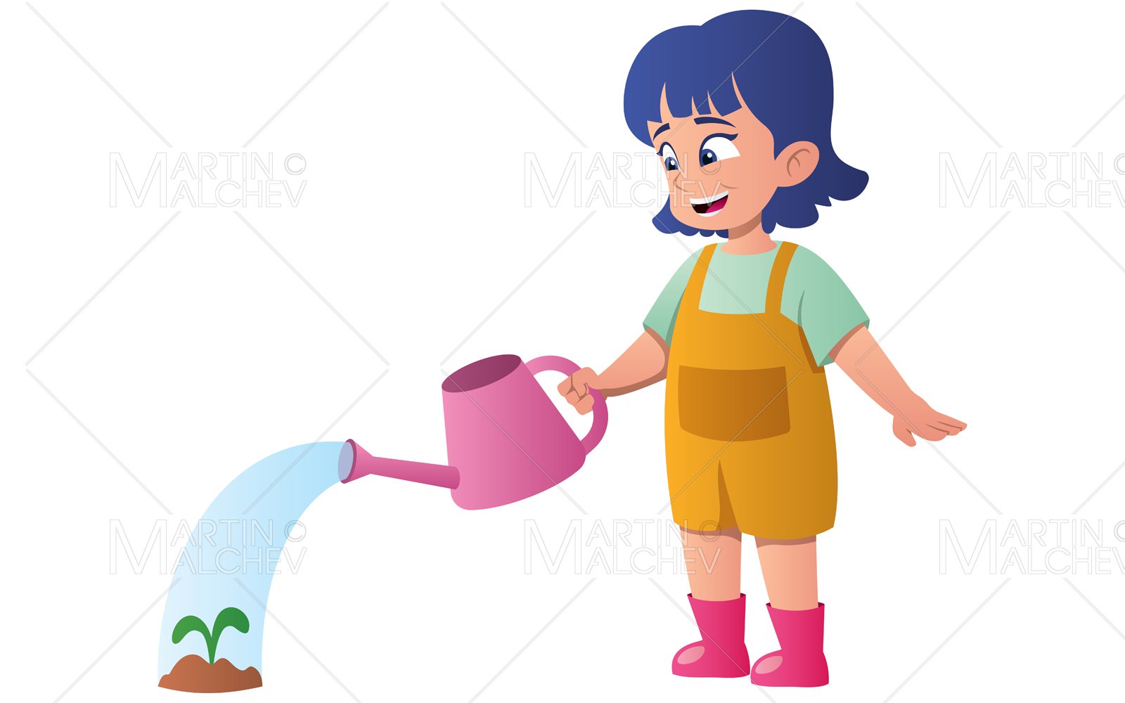 Girl Watering Plant on White Vector Illustration