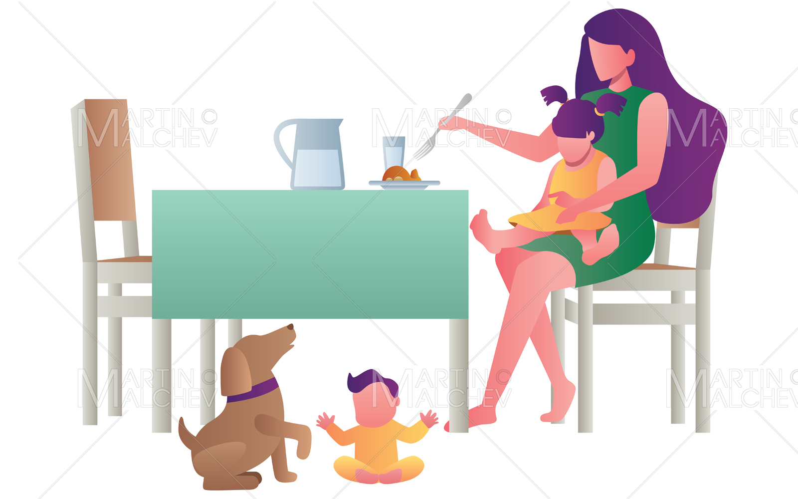 Single Mother Feeding Kids Vector Illustration
