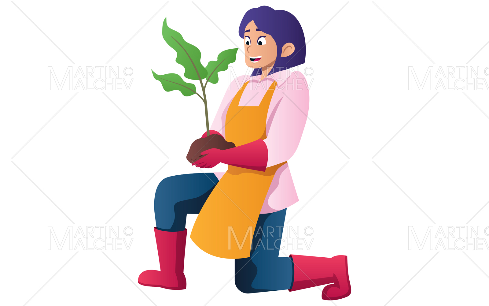 Woman Holding Plant on White Vector Illustration