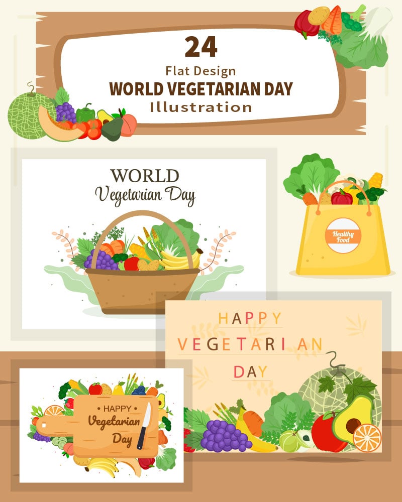 24 World Vegetarian Day and Vegetables or Fruits Vector