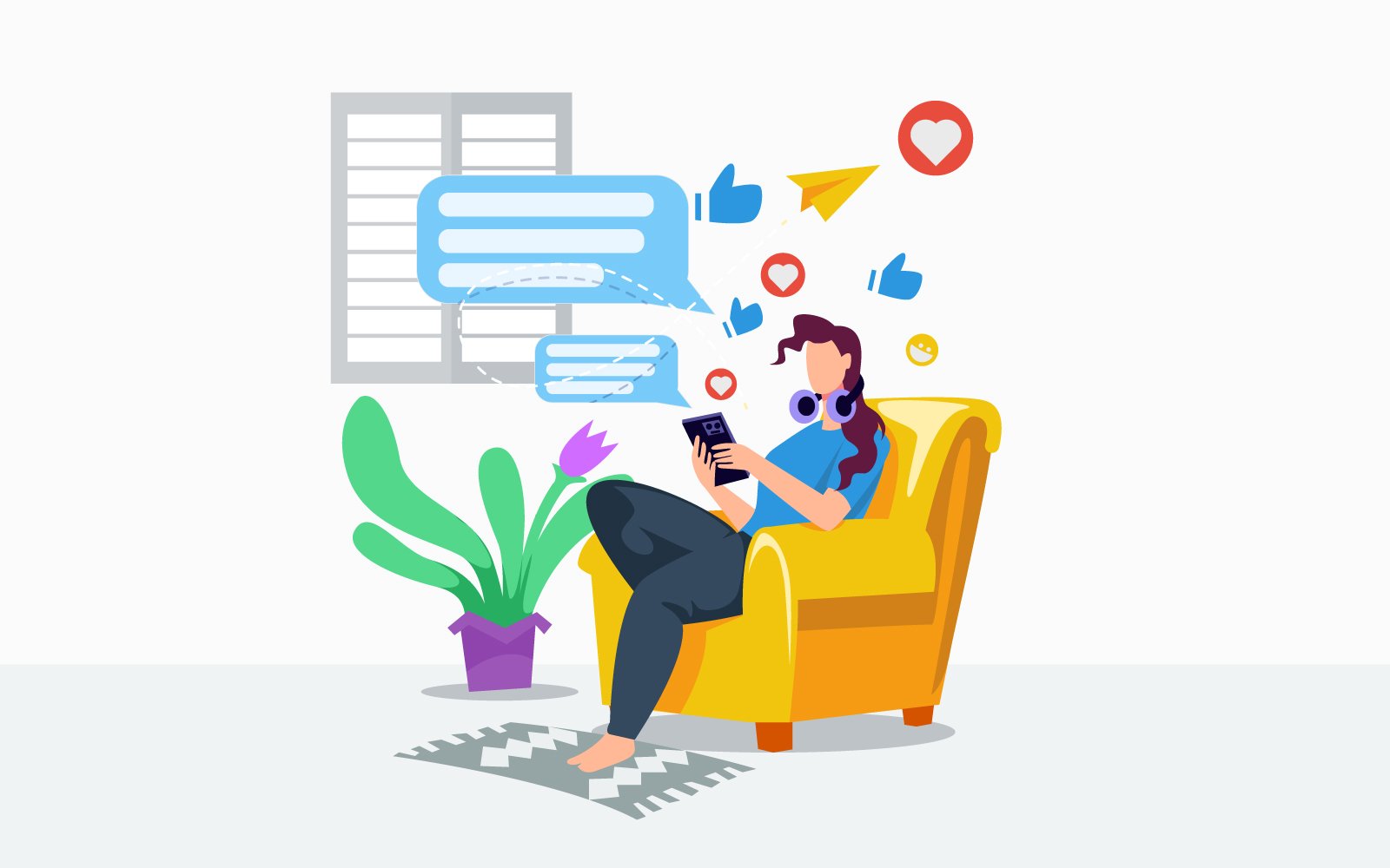 Girl Browsing Social Media In Home Illustration Concept Vector