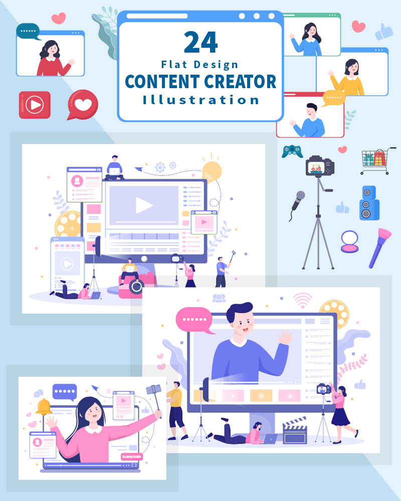 24 Content Creator Online Blogger Vector Illustration