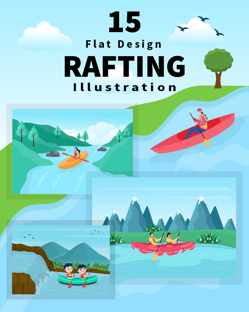 15 Rafting, Canoeing, Kayaking in the River Vector Illustration