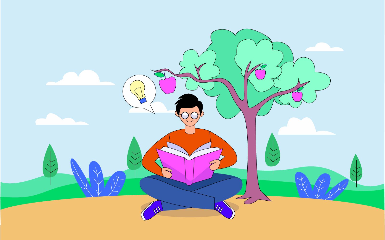 Boy Reading Book Under Apple Tree Illustration Concept Vector