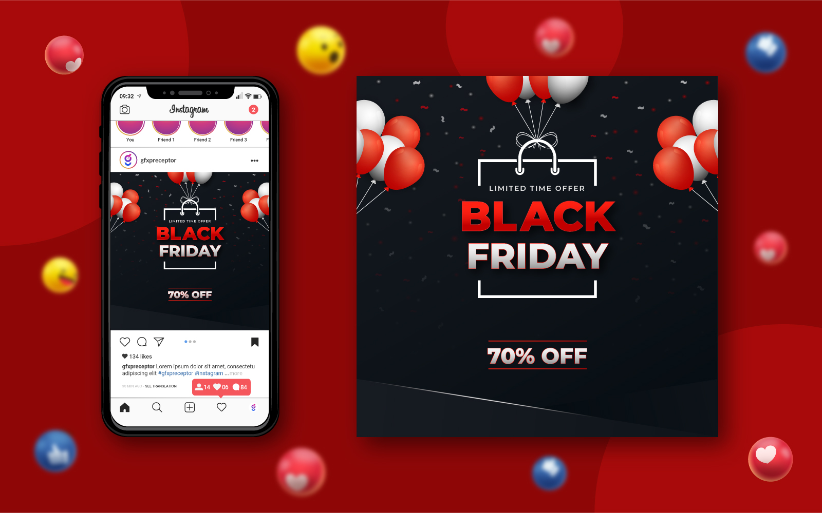 Black Friday Social Media Sale Banner Design with Balloons and Confetti