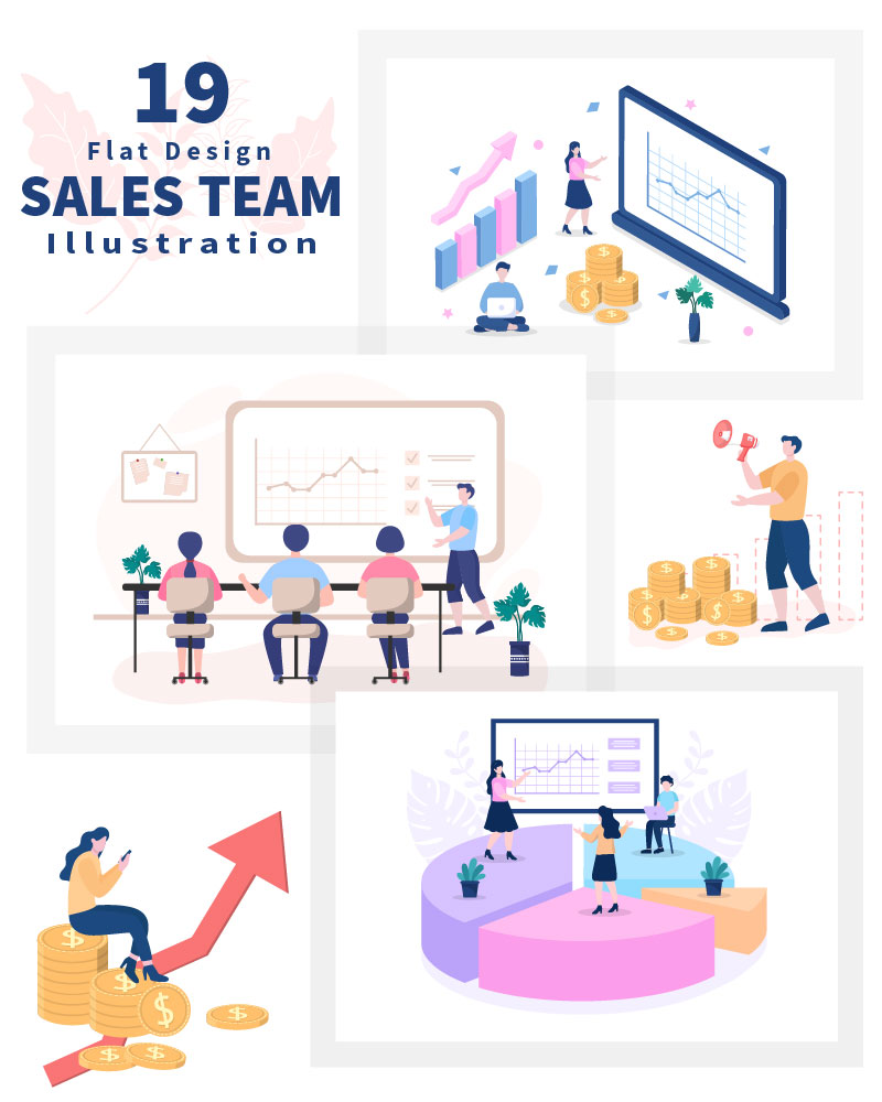 19 Sales Team with Financial Business Vector Illustration