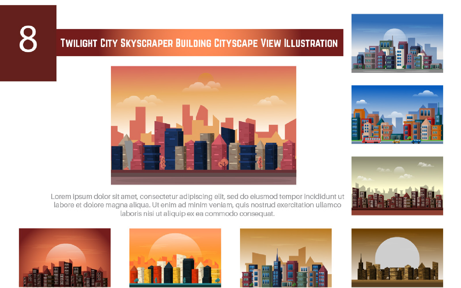 8 Twilight City Skyscraper Building Cityscape View Illustration