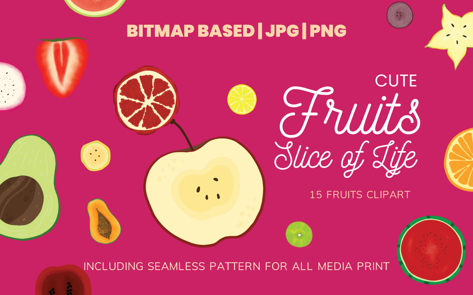 Cute 15 Slice of Fruits Clipart Set Illustration Plus Seamless Pattern