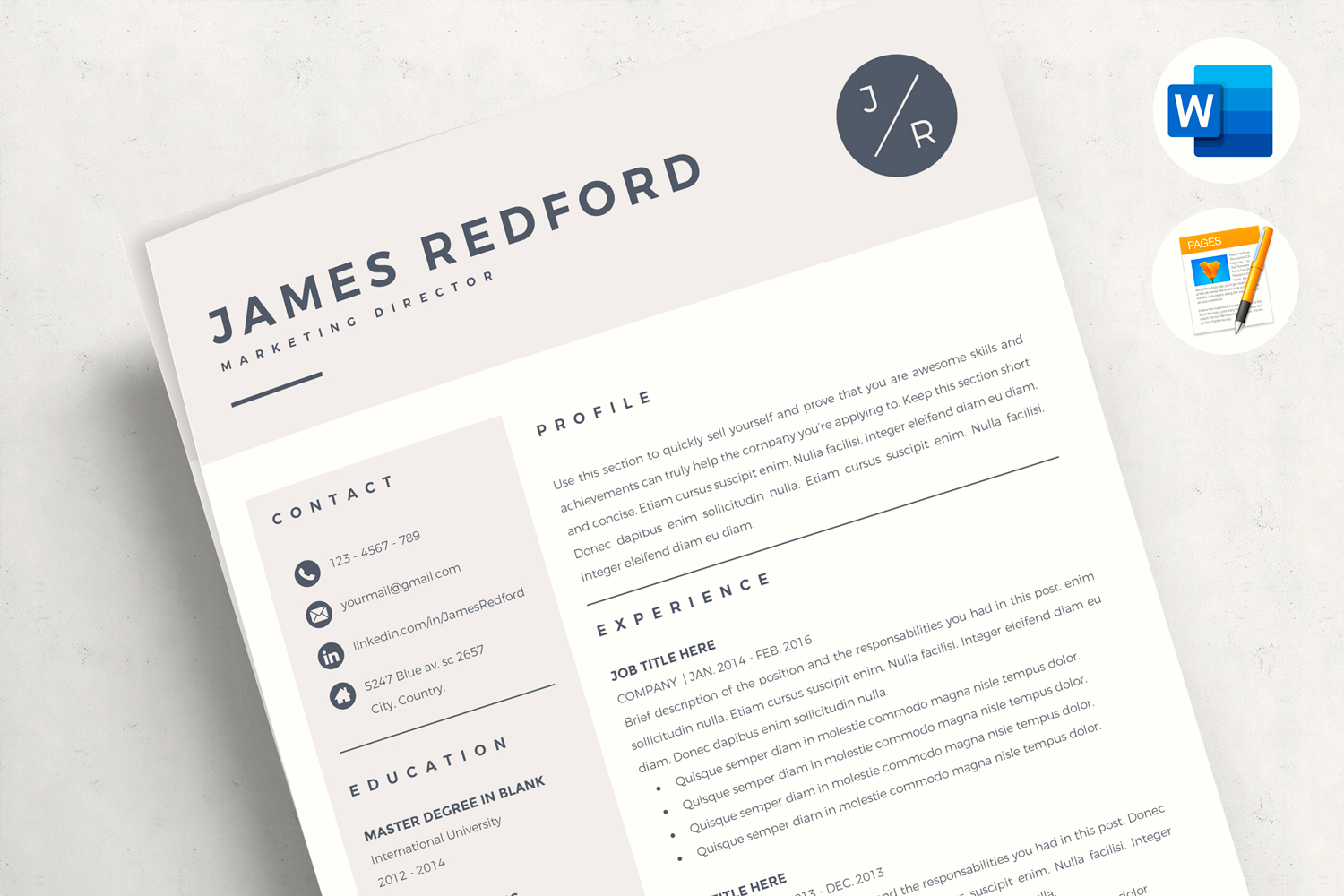 JAMES - Marketing Professional Resume Template CV With Logo for MS Word and Pages