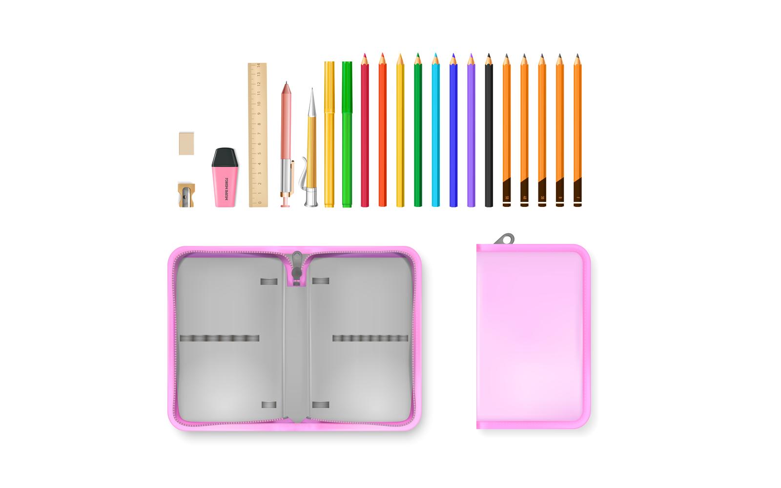 Realistic Case School Accessories Vector Illustration Concept