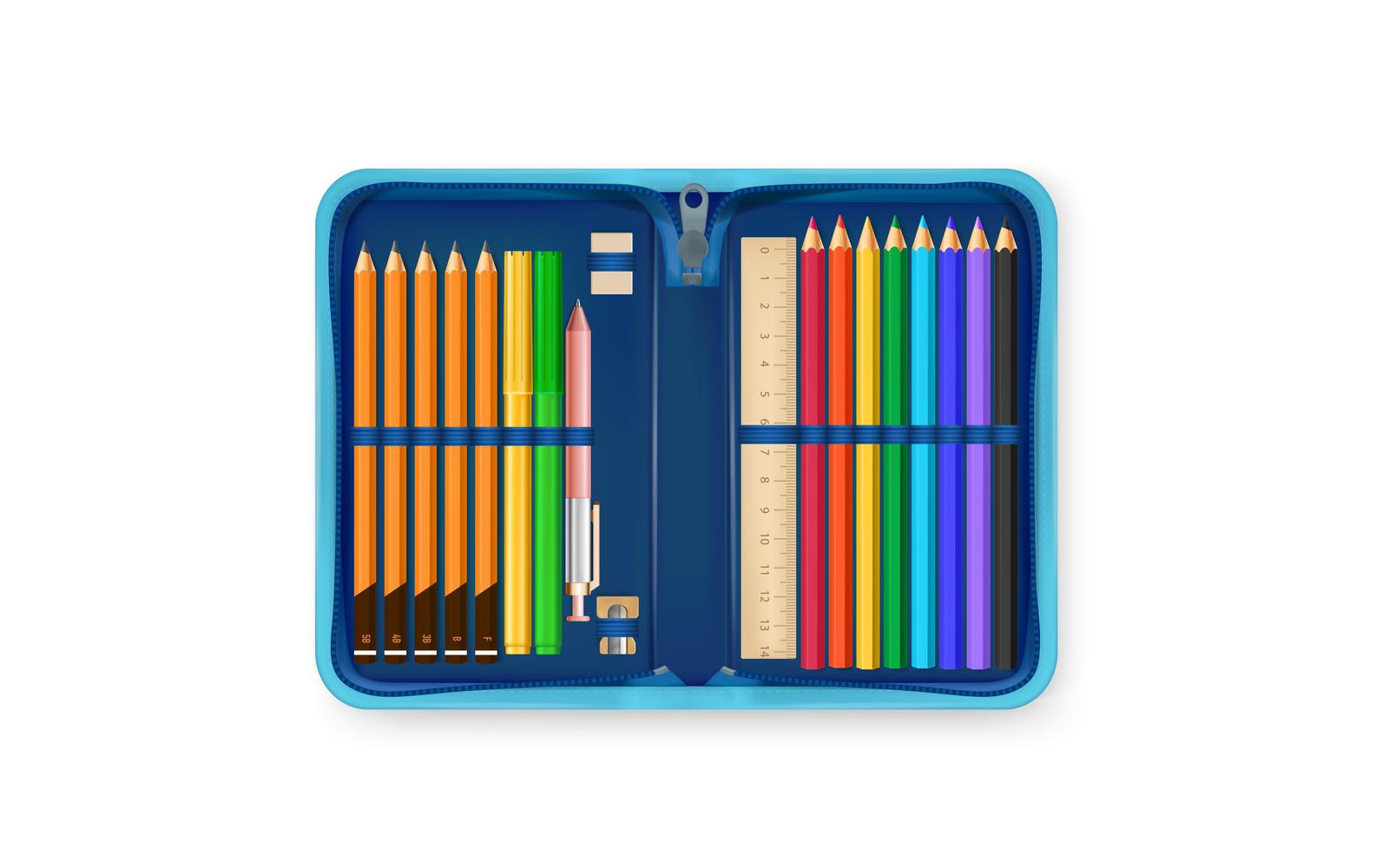Realistic Pencil Case School Accessories Vector Illustration Concept