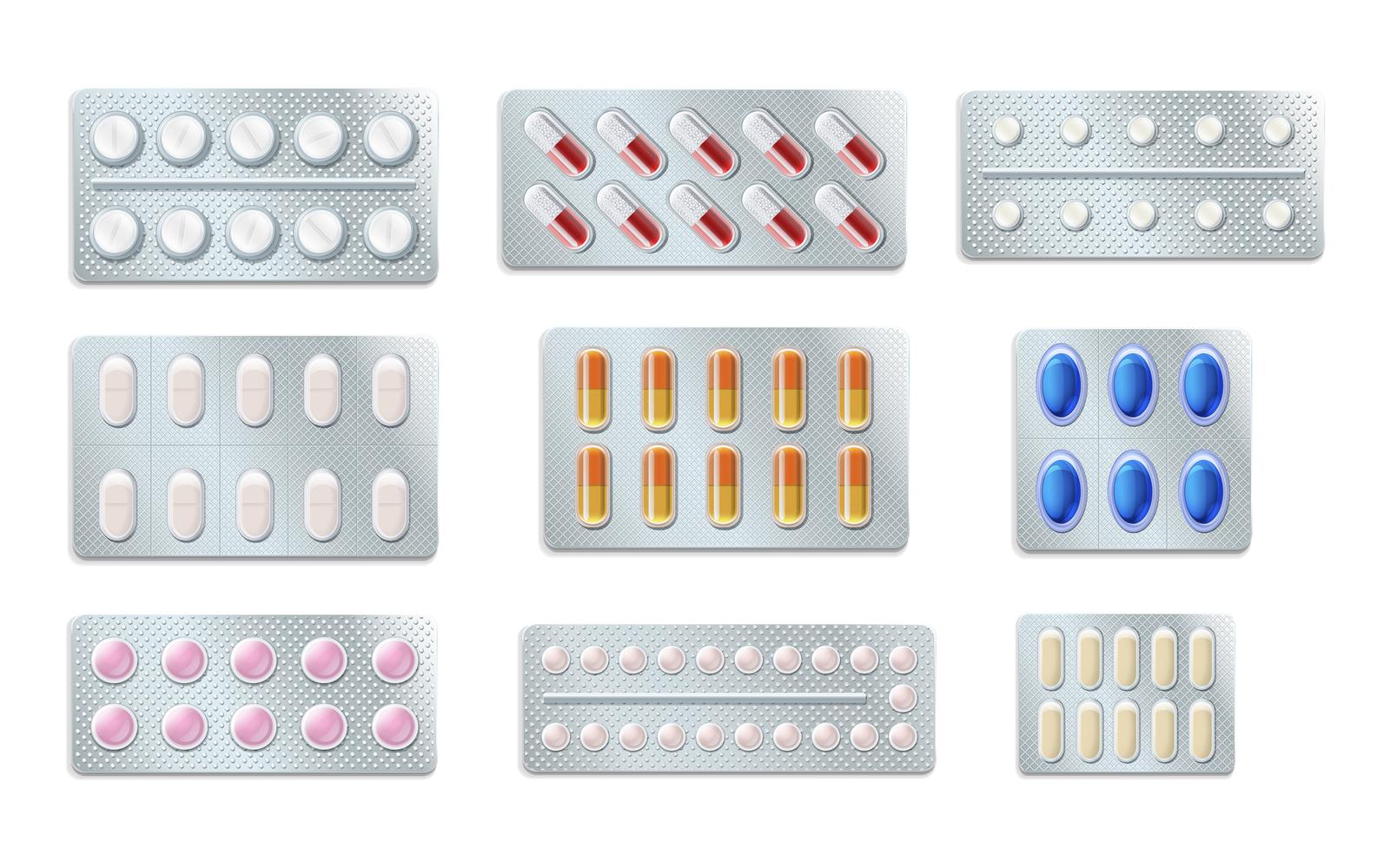 Pills Tablets Capsules Blister Realistic Set Vector Illustration Concept
