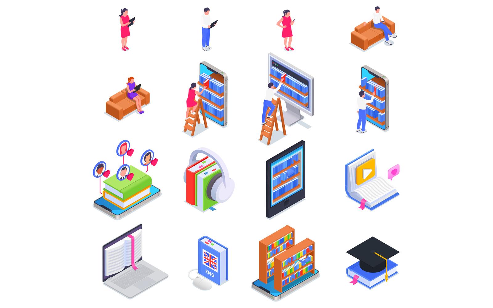 Digital Online Library Isometric Set Vector Illustration Concept