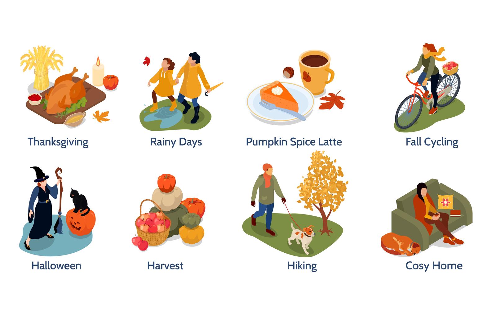 Isometric Autumn Fall Compositions Vector Illustration Concept