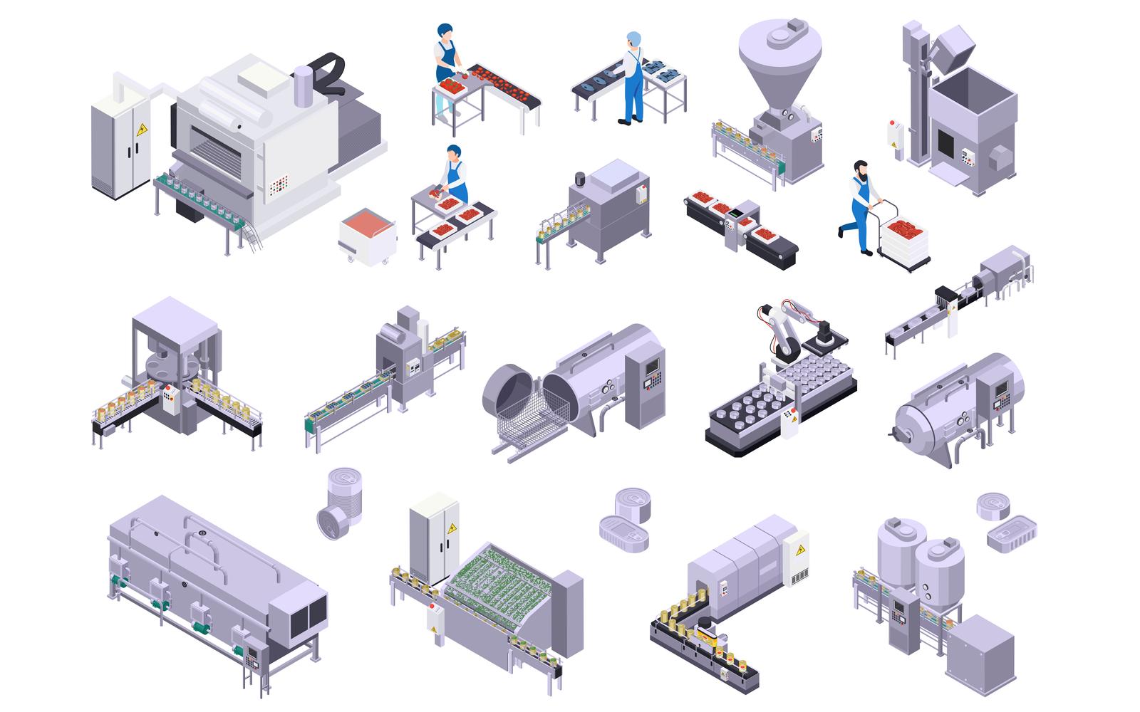 Canned Food Production Isometric Set Vector Illustration Concept