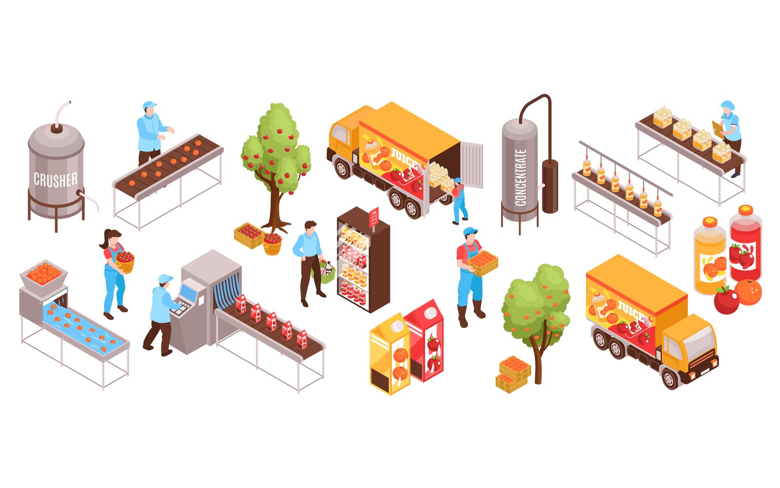 Isometric Juice Production Color Set Vector Illustration Concept