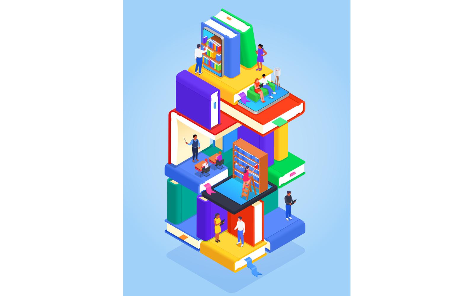 Digital Online Library Isometric-01 Vector Illustration Concept