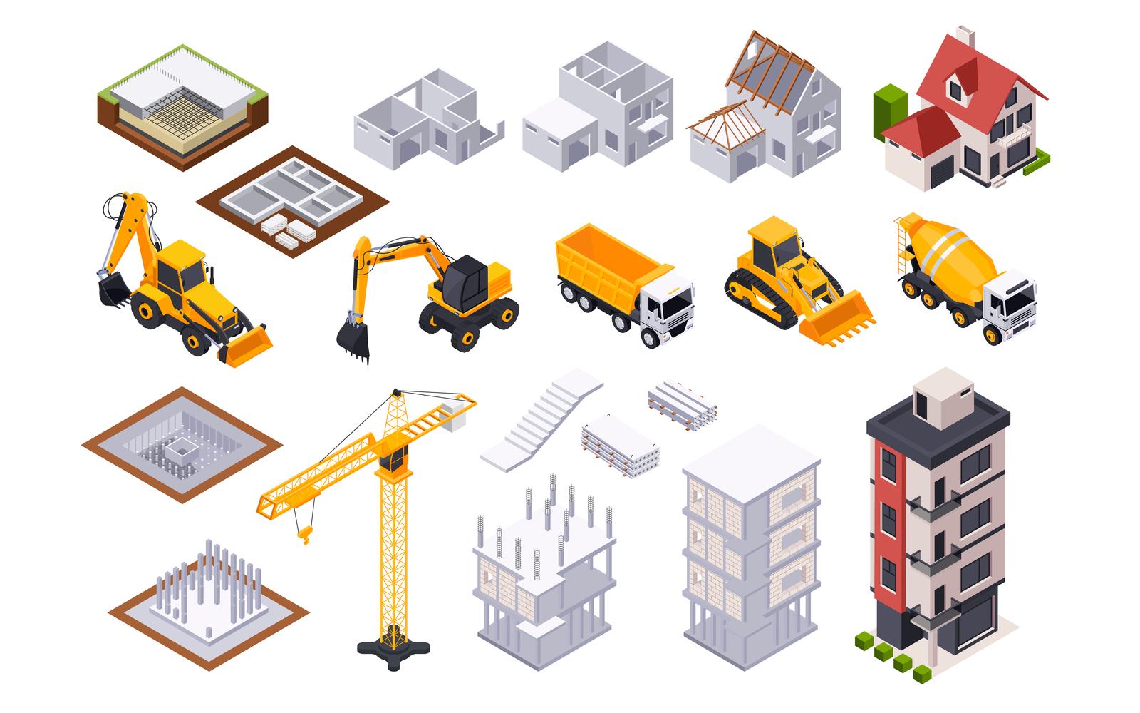 Construction Building Isometric Set Vector Illustration Concept