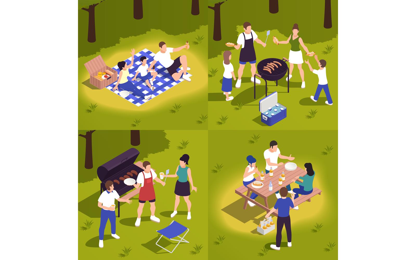 Family Picnic Barbecue Isometric Vector Illustration Concept