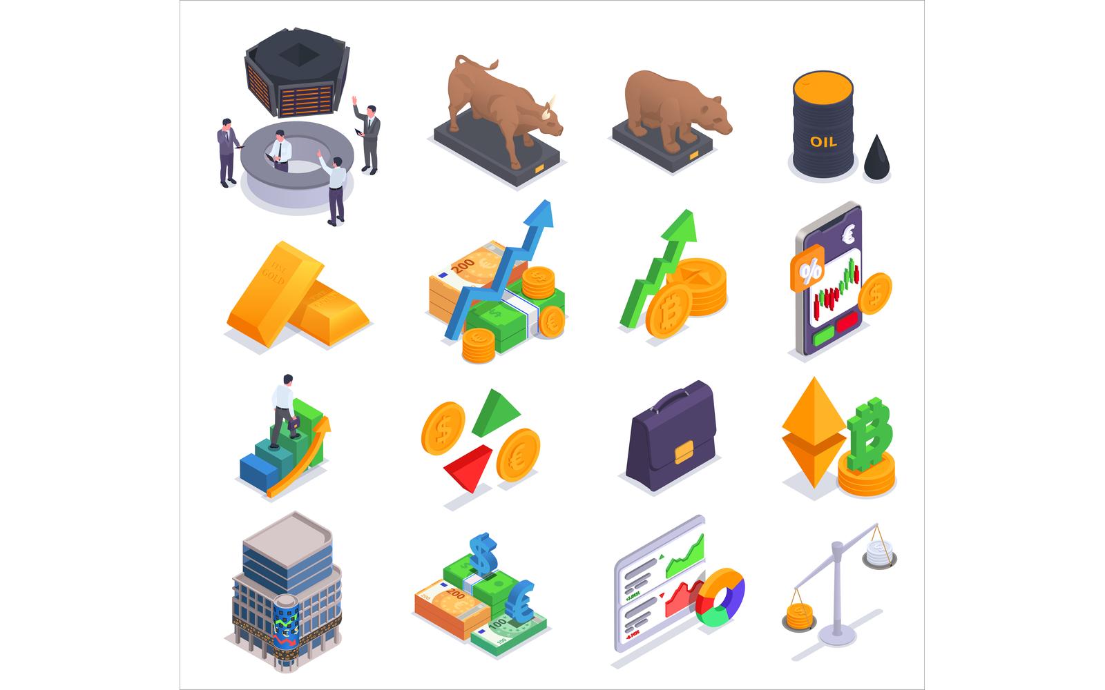 Stock Exchange Financial Market Trading Isometric Set Vector Illustration Concept