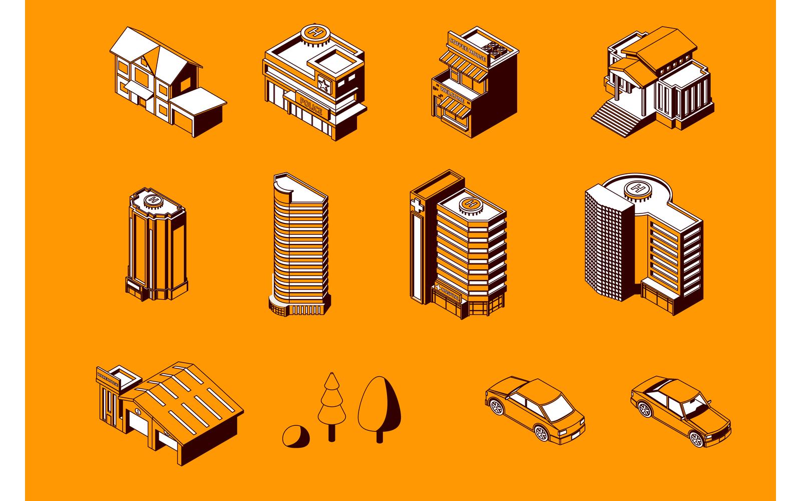 City Buildings Isometric Monochrome Set Vector Illustration Concept