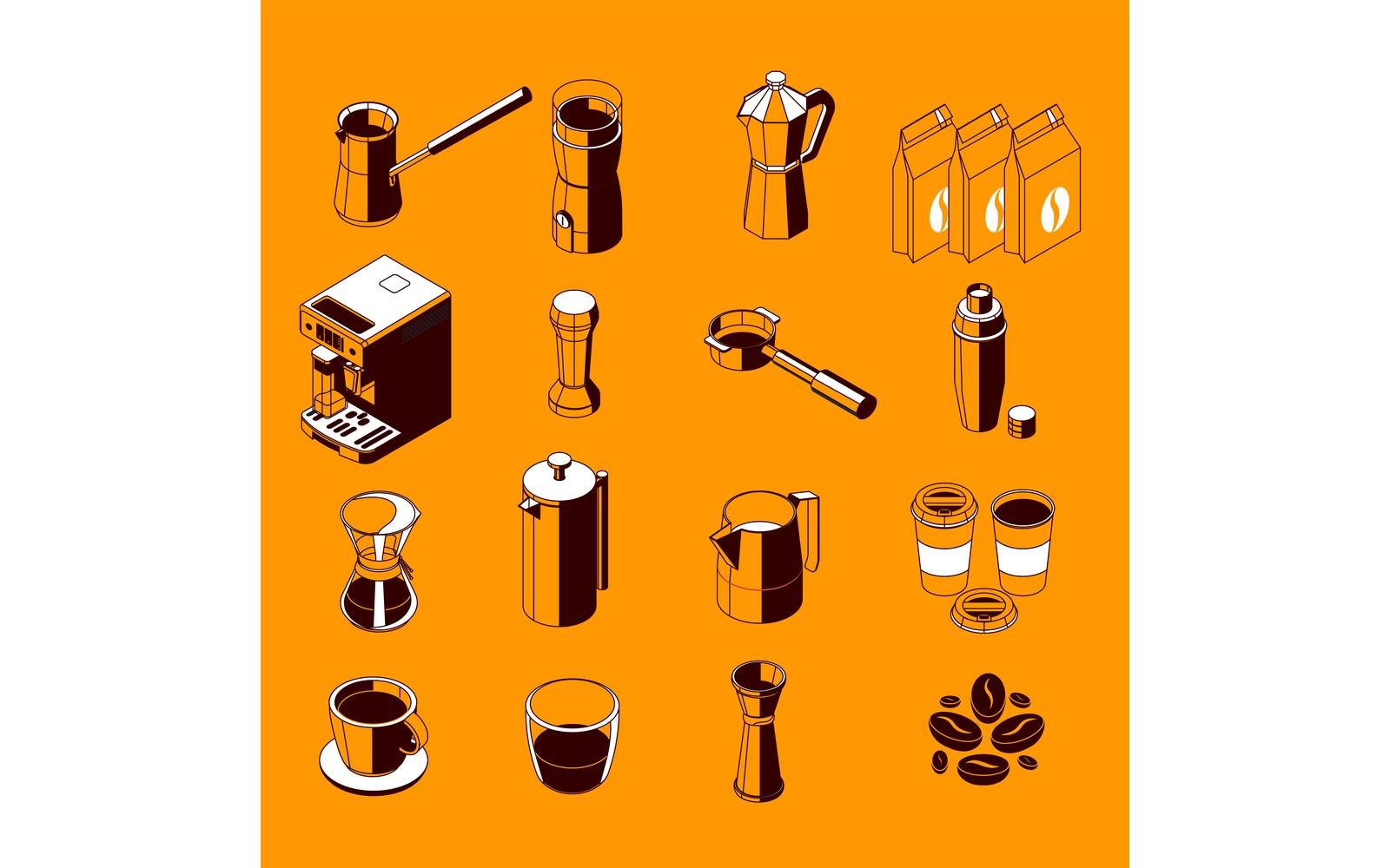 Coffee Isometric Monochrome Set Vector Illustration Concept