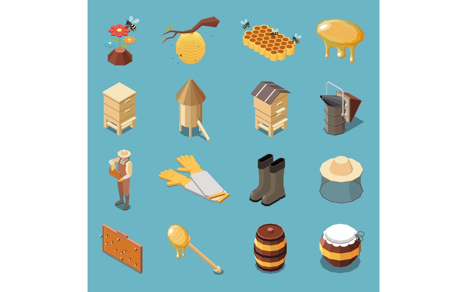 Apiary Honey Production Isometric Set Vector Illustration Concept