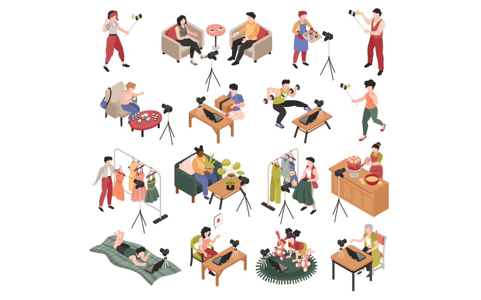 Isometric Blogger Set Vector Illustration Concept