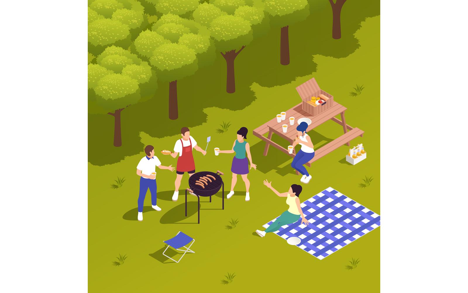 Family Picnic Barbecue Isometric 2 Vector Illustration Concept