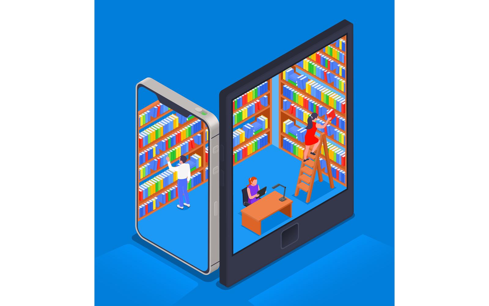 Digital Online Library Isometric Vector Illustration Concept