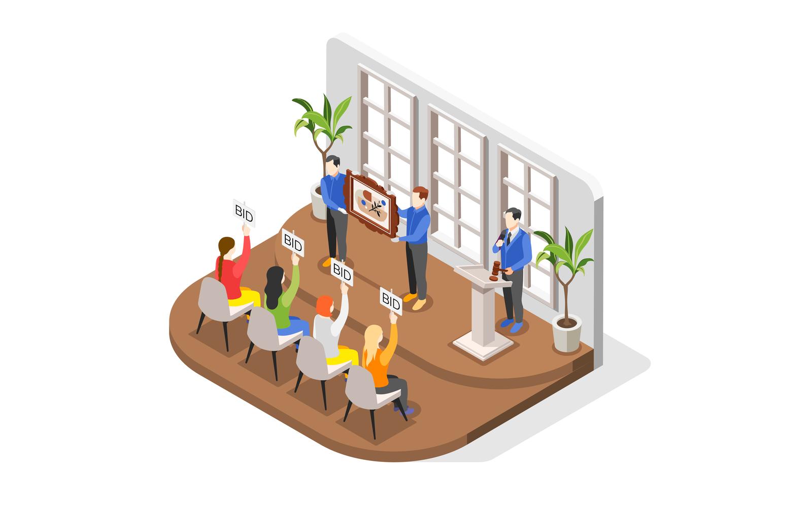 Auction Isometric Composition 4 Vector Illustration Concept