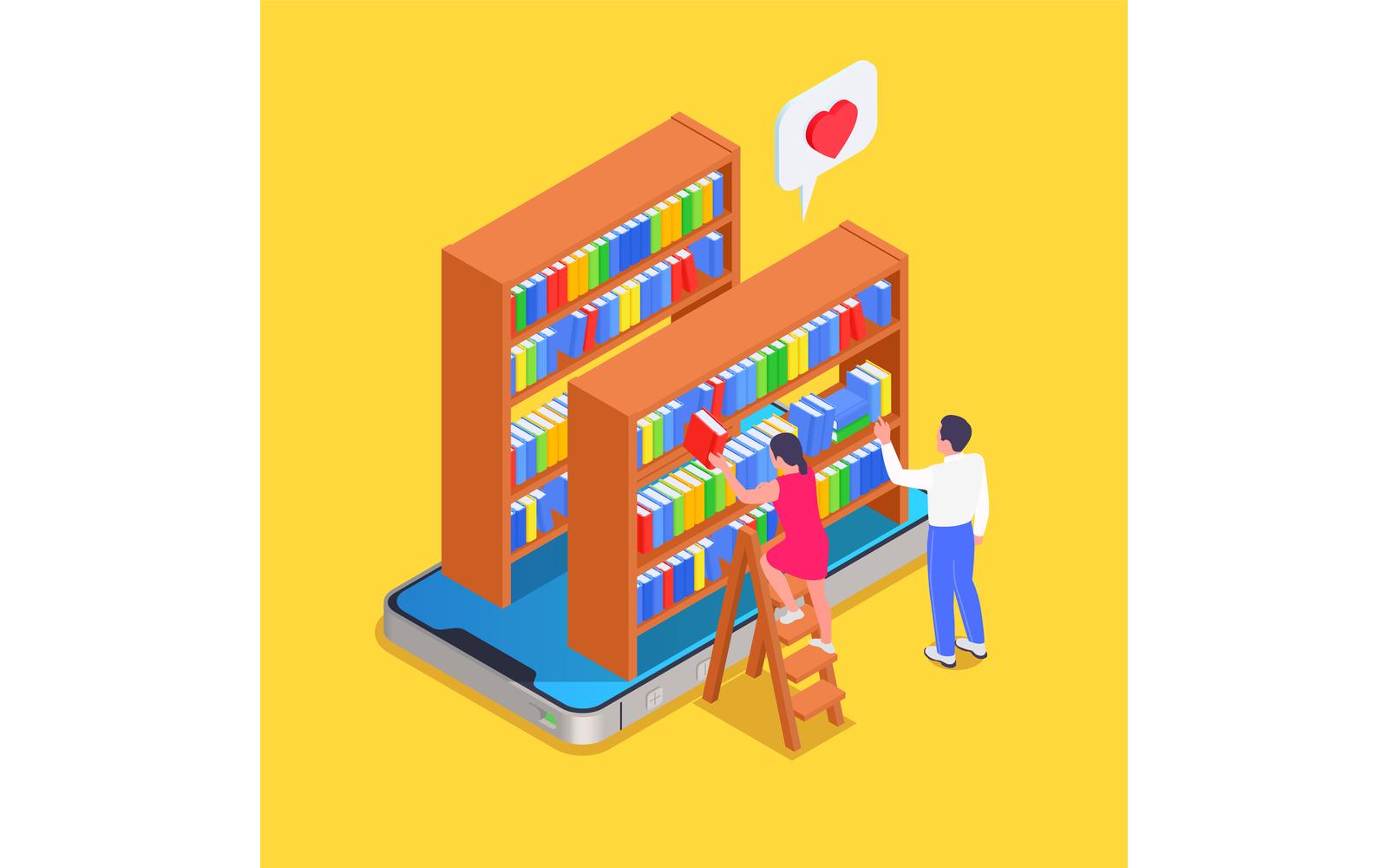 Digital Online Library Isometric 2 Vector Illustration Concept