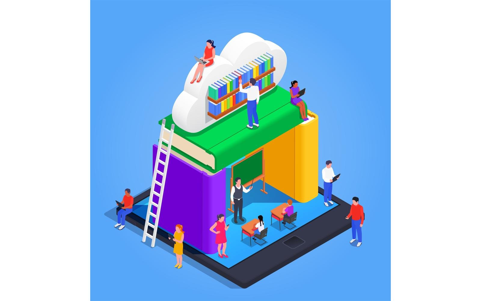 Digital Online Library Isometric 4 Vector Illustration Concept