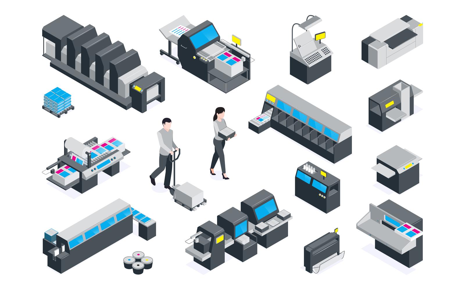 Isometric Polygraphy Color Set Vector Illustration Concept