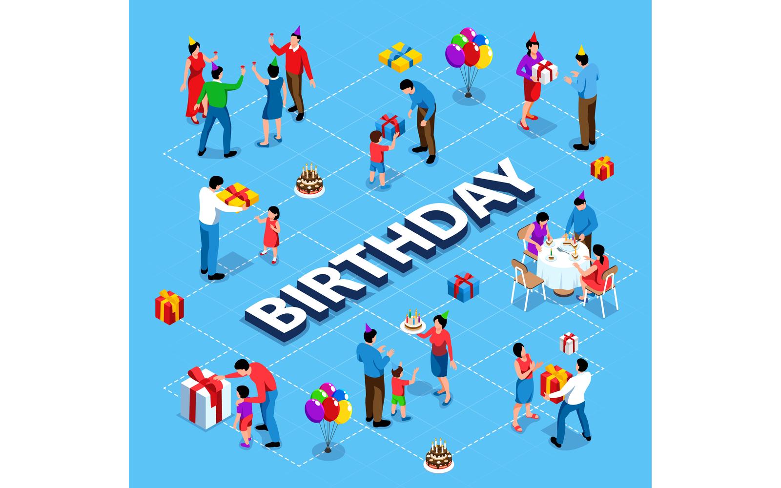 Isometric Birthday Party Flowchart Vector Illustration Concept