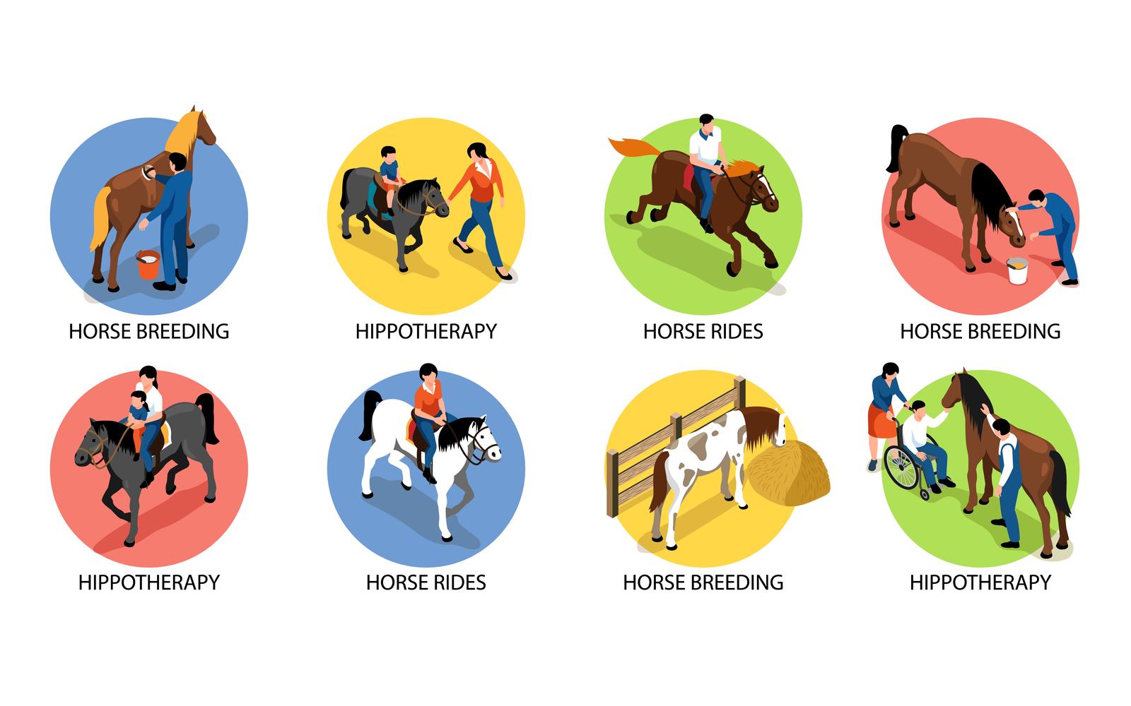 Isometric Horse Hippotherapy Compositions Vector Illustration Concept