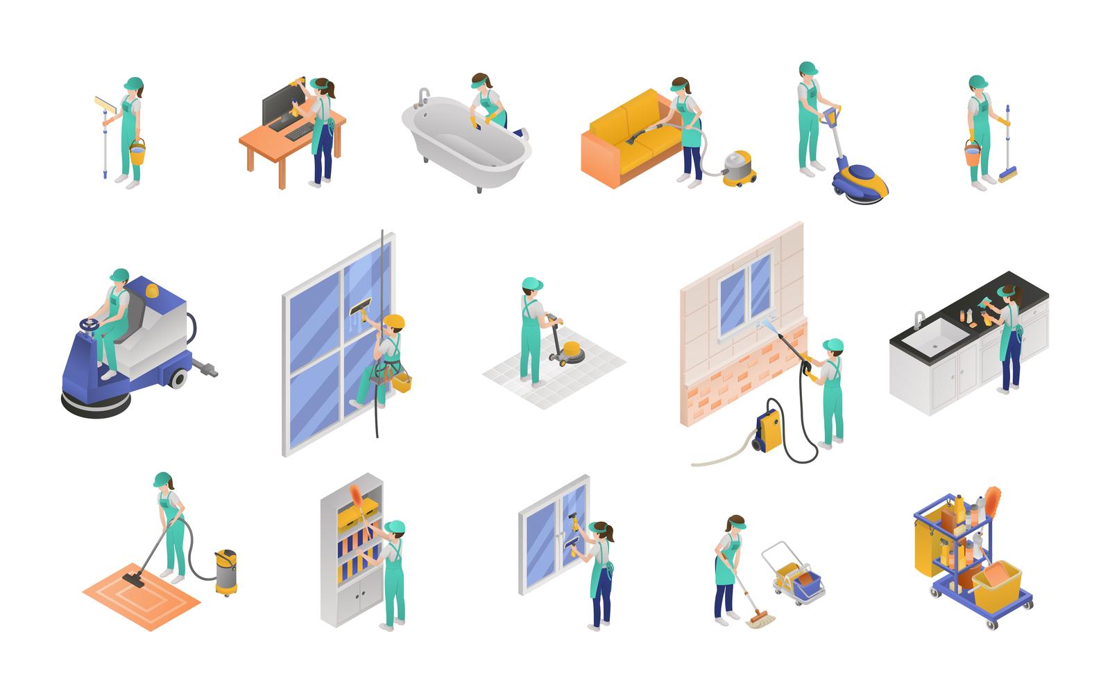 Professional Cleaning Service Isometric Set Vector Illustration Concept