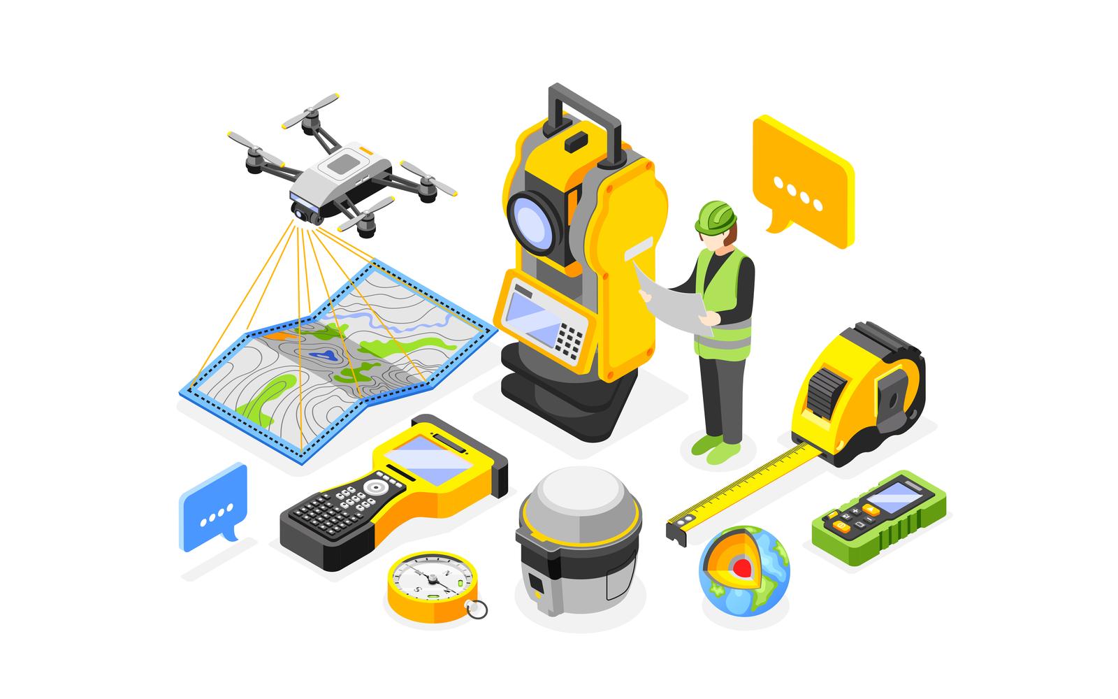 Geodesy Isometric Composition 4 Vector Illustration Concept